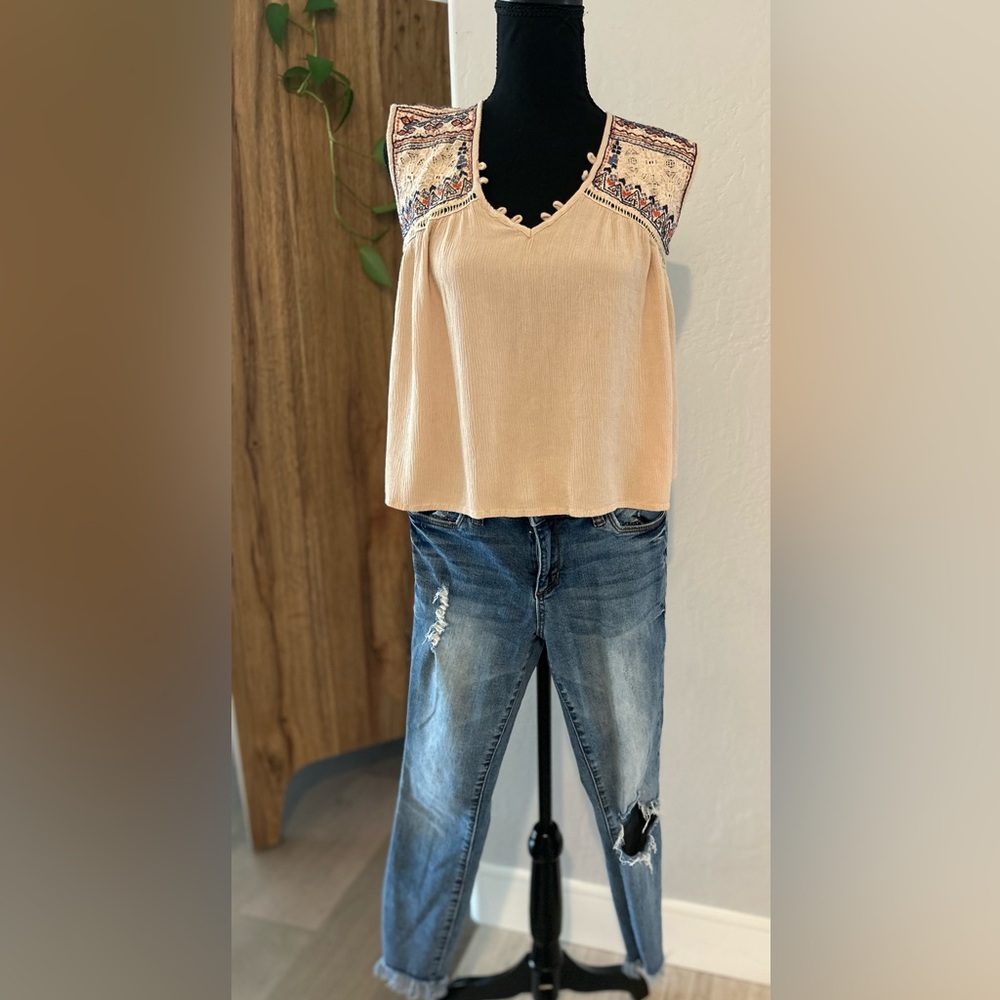 Embroidered Tan Sleeveless Top